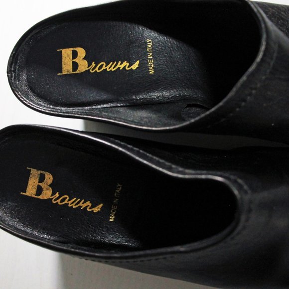 Black Leather Shoes Slip On Mule Wedge Heel Clog Browns Booties Italy Size 6.5 - Picture 5 of 7